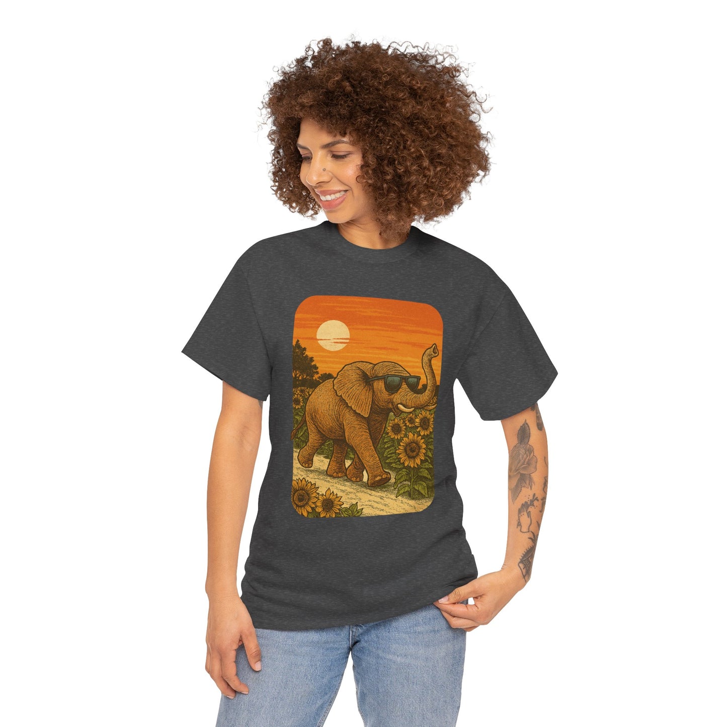 Elephant in Sunflower Field Tee | Vintage Sunset Nature Shirt | Retro Summer Aesthetic Elephant Graphic T-Shirt | Golden Hour Garden TShirt | Unisex Shirt
