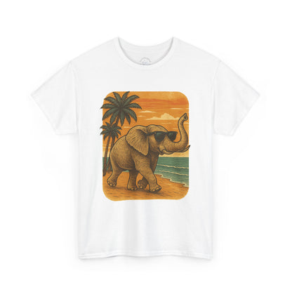 Elephant on a Tropical Beach | Vintage Sunset Animal Shirt | Summer Nature Graphic Tee | Retro Coastal Elephant T-Shirt | Unisex Beach Vacation TShirt