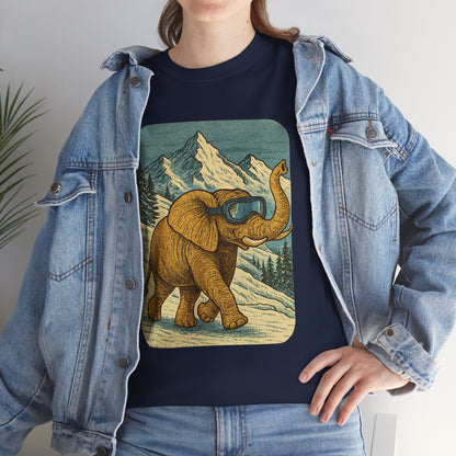 Elephant in Snowy Mountains Tee | Vintage Winter Animal Shirt | Cozy Nature Graphic T-Shirt | Retro Wildlife Illustration | Unisex Elephant Tee