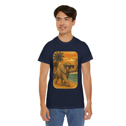 Elephant on a Tropical Beach | Vintage Sunset Animal Shirt | Summer Nature Graphic Tee | Retro Coastal Elephant T-Shirt | Unisex Beach Vacation TShirt