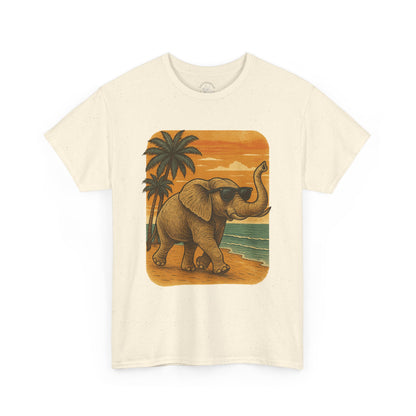 Elephant on a Tropical Beach | Vintage Sunset Animal Shirt | Summer Nature Graphic Tee | Retro Coastal Elephant T-Shirt | Unisex Beach Vacation TShirt