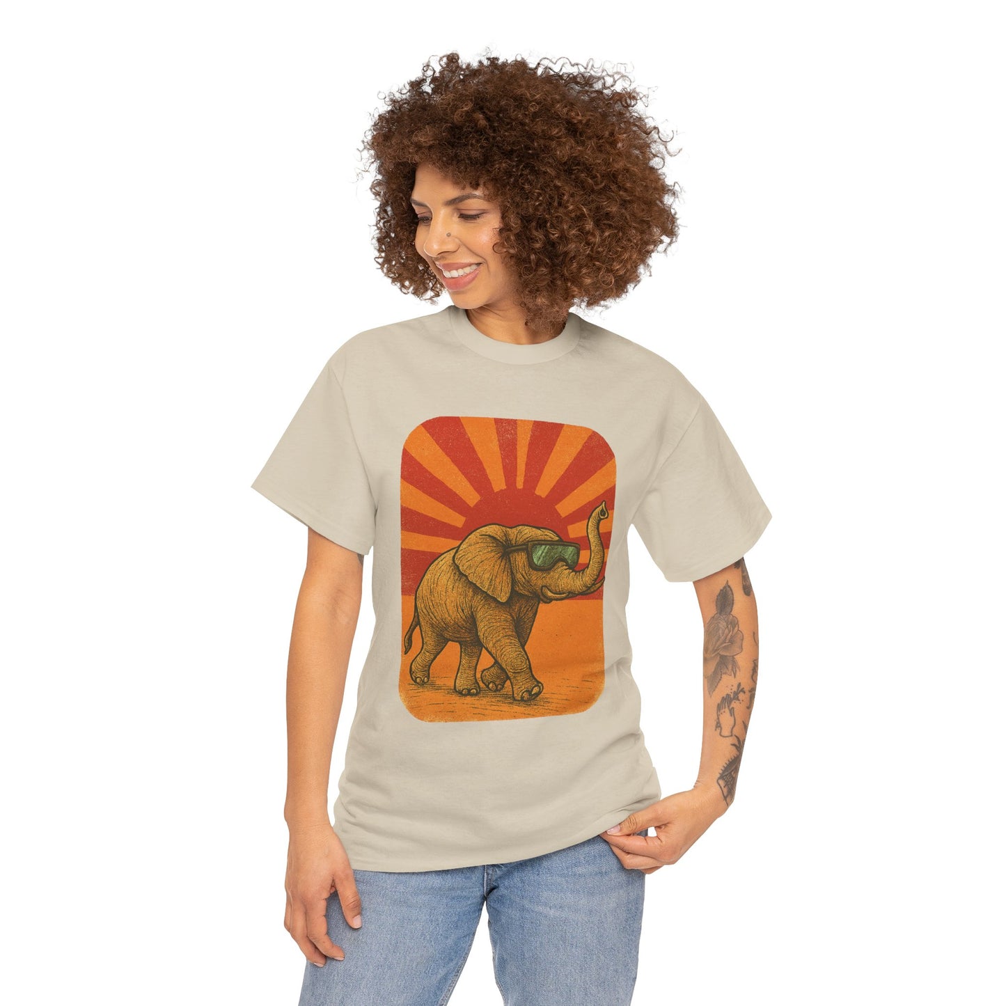 Elephant Sunset Rays Tee | Vintage Retro Animal Shirt | Summer Vibes Graphic T-Shirt | Warm Sunburst Elephant TShirt | Unisex Nature Shirt