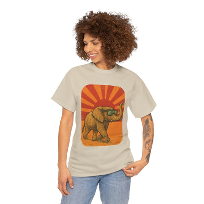Elephant Sunset Rays Tee | Vintage Retro Animal Shirt | Summer Vibes Graphic T-Shirt | Warm Sunburst Elephant TShirt | Unisex Nature Shirt