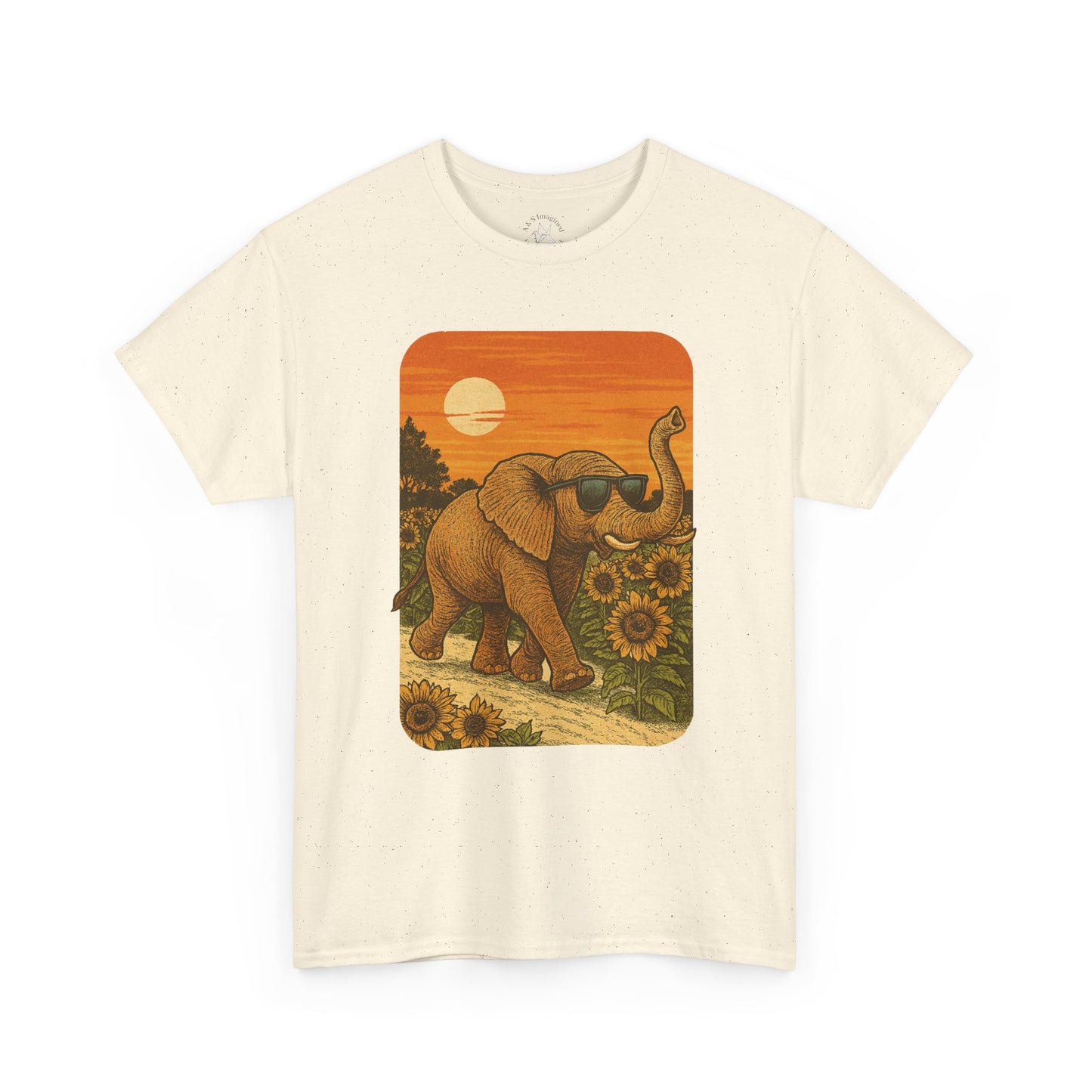Elephant in Sunflower Field Tee | Vintage Sunset Nature Shirt | Retro Summer Aesthetic Elephant Graphic T-Shirt | Golden Hour Garden TShirt | Unisex Shirt