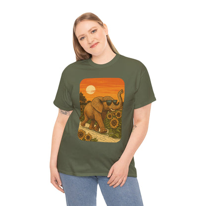 Elephant in Sunflower Field Tee | Vintage Sunset Nature Shirt | Retro Summer Aesthetic Elephant Graphic T-Shirt | Golden Hour Garden TShirt | Unisex Shirt