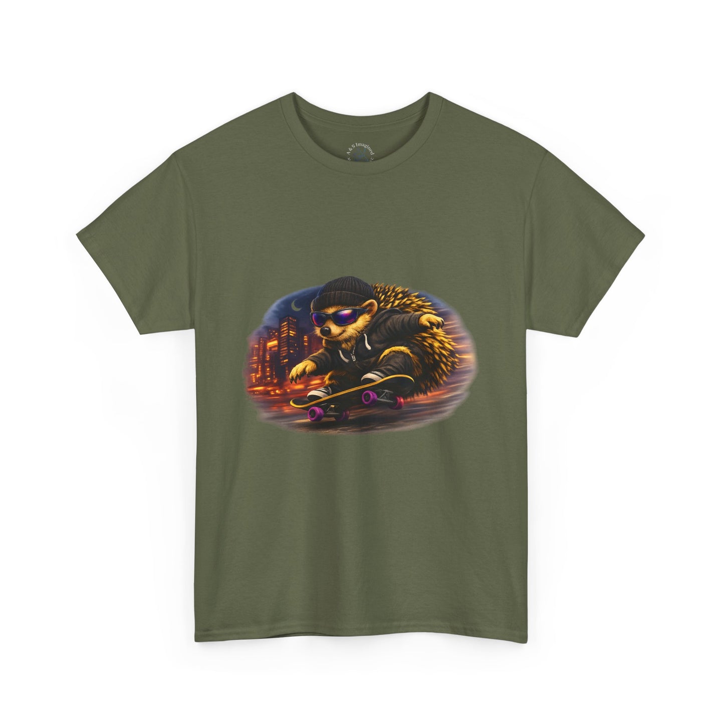City Nightlife Hedgehog Skateboarding Shirt | Street Style Tee | Vintage City Lights Graphic | Downtown Streetwear | Skater Animal T-shirt | Cute Animal Skate Tshirt | Boardin' Hedgehog Collection