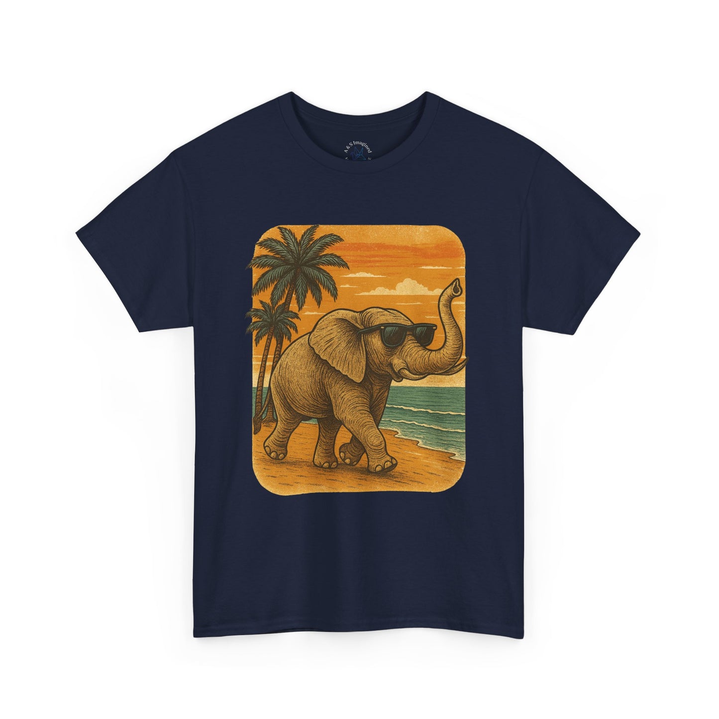 Elephant on a Tropical Beach | Vintage Sunset Animal Shirt | Summer Nature Graphic Tee | Retro Coastal Elephant T-Shirt | Unisex Beach Vacation TShirt