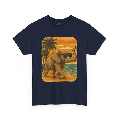 Elephant on a Tropical Beach | Vintage Sunset Animal Shirt | Summer Nature Graphic Tee | Retro Coastal Elephant T-Shirt | Unisex Beach Vacation TShirt