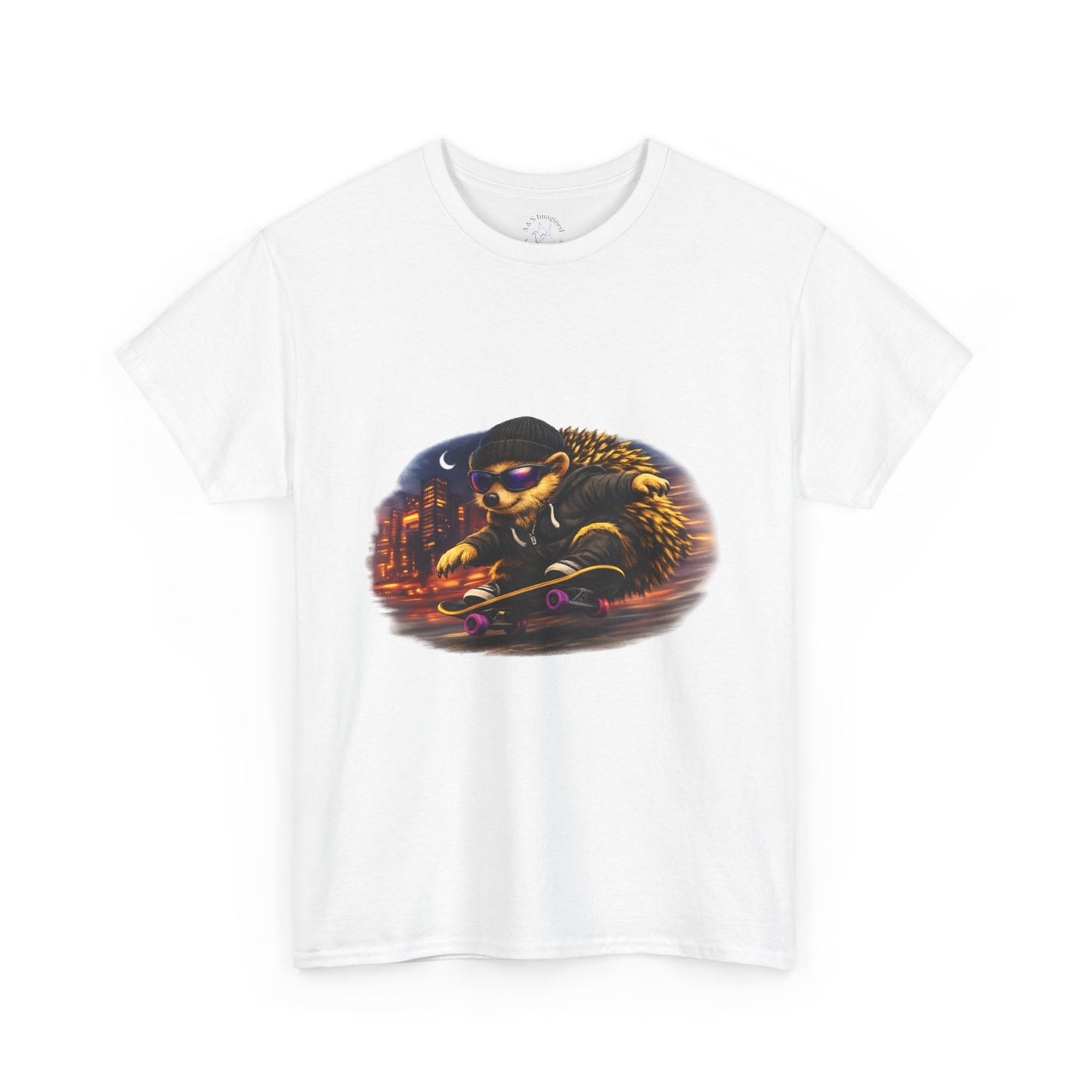 City Nightlife Hedgehog Skateboarding Shirt | Street Style Tee | Vintage City Lights Graphic | Downtown Streetwear | Skater Animal T-shirt | Cute Animal Skate Tshirt | Boardin' Hedgehog Collection