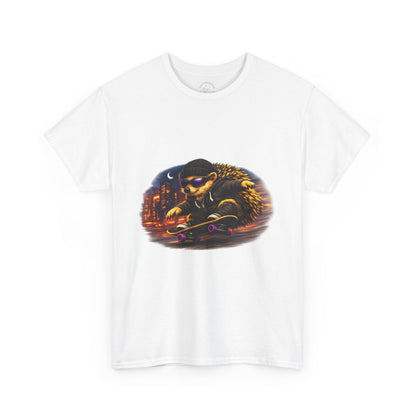 City Nightlife Hedgehog Skateboarding Shirt | Street Style Tee | Vintage City Lights Graphic | Downtown Streetwear | Skater Animal T-shirt | Cute Animal Skate Tshirt | Boardin' Hedgehog Collection