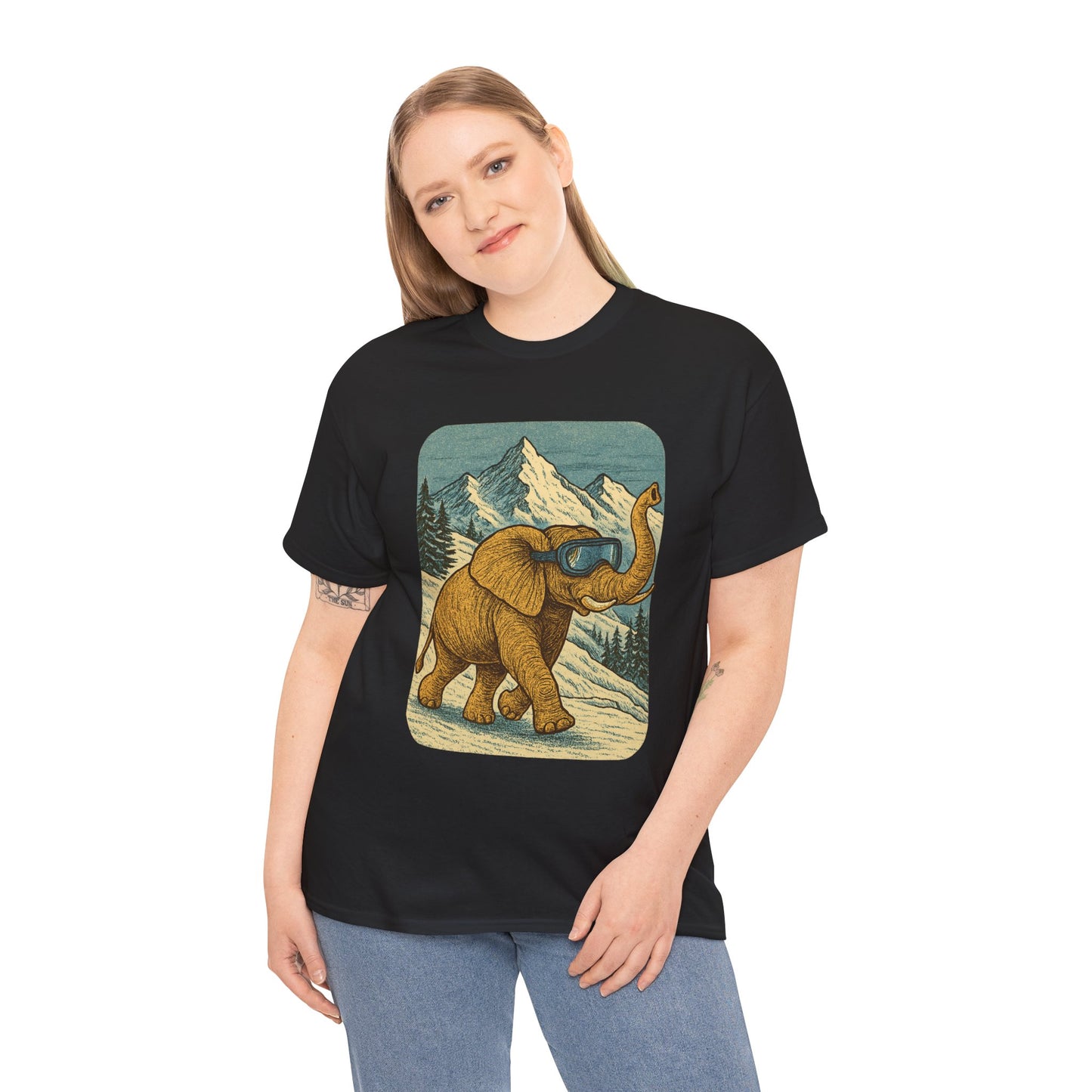 Elephant in Snowy Mountains Tee | Vintage Winter Animal Shirt | Cozy Nature Graphic T-Shirt | Retro Wildlife Illustration | Unisex Elephant Tee