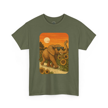 Elephant in Sunflower Field Tee | Vintage Sunset Nature Shirt | Retro Summer Aesthetic Elephant Graphic T-Shirt | Golden Hour Garden TShirt | Unisex Shirt