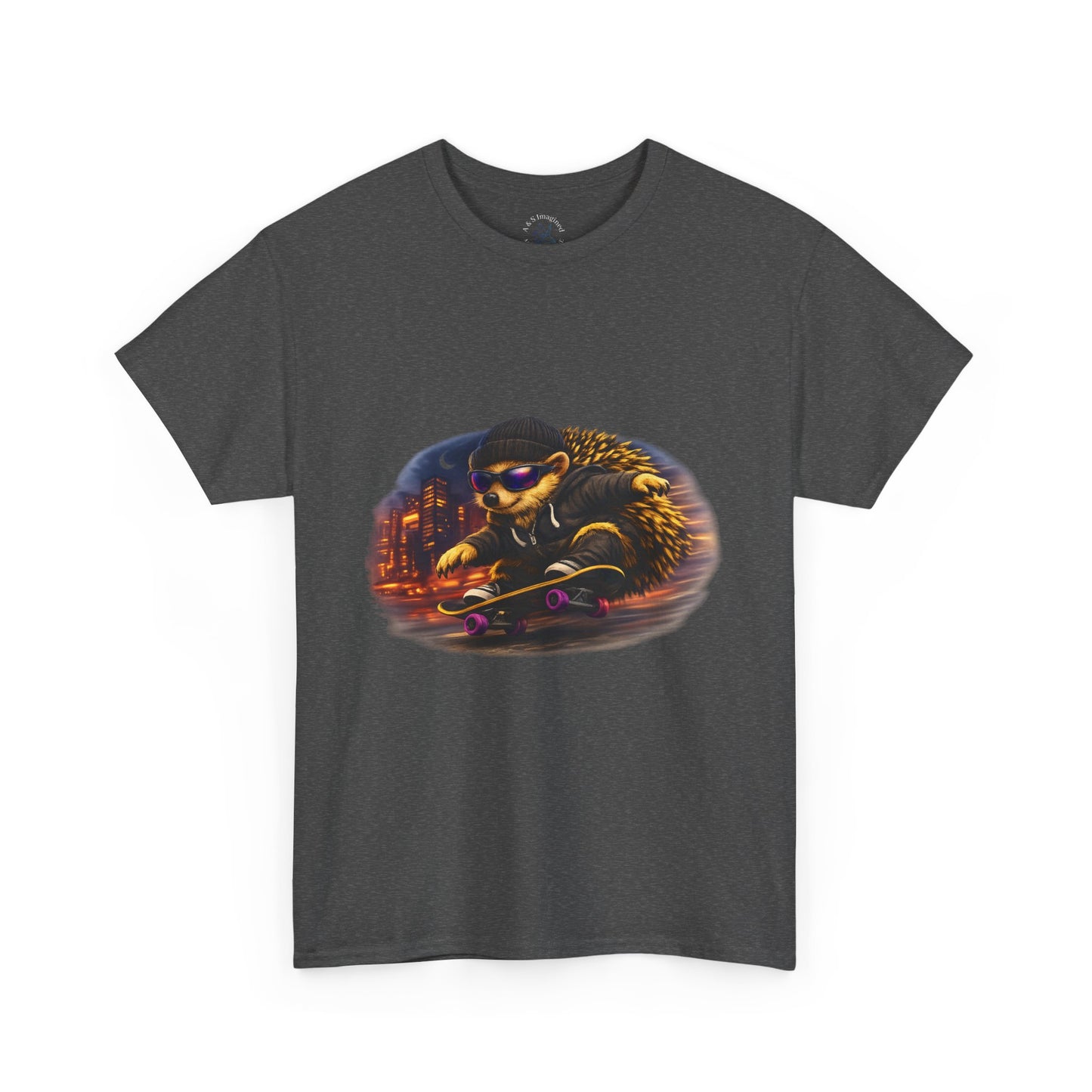City Nightlife Hedgehog Skateboarding Shirt | Street Style Tee | Vintage City Lights Graphic | Downtown Streetwear | Skater Animal T-shirt | Cute Animal Skate Tshirt | Boardin' Hedgehog Collection