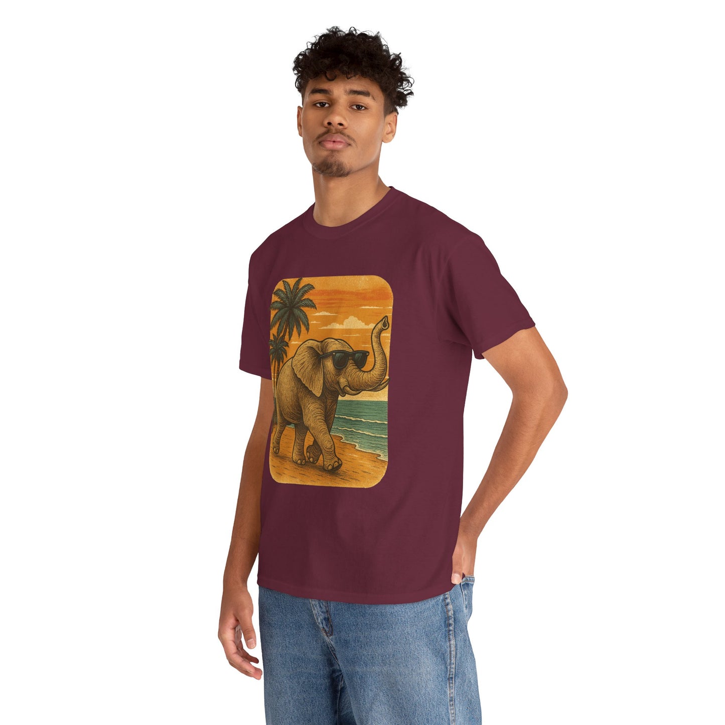 Elephant on a Tropical Beach | Vintage Sunset Animal Shirt | Summer Nature Graphic Tee | Retro Coastal Elephant T-Shirt | Unisex Beach Vacation TShirt