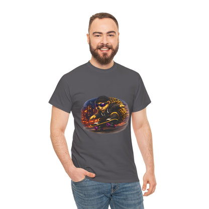 City Nightlife Hedgehog Skateboarding Shirt | Street Style Tee | Vintage City Lights Graphic | Downtown Streetwear | Skater Animal T-shirt | Cute Animal Skate Tshirt | Boardin' Hedgehog Collection