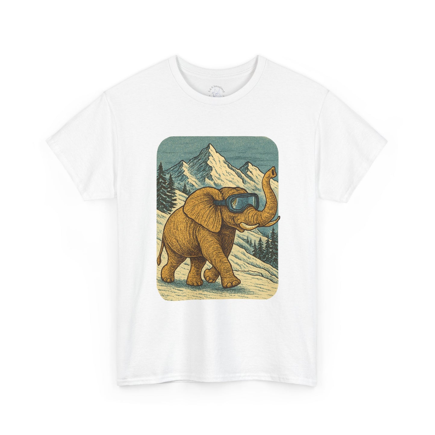 Elephant in Snowy Mountains Tee | Vintage Winter Animal Shirt | Cozy Nature Graphic T-Shirt | Retro Wildlife Illustration | Unisex Elephant Tee