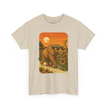 Elephant in Sunflower Field Tee | Vintage Sunset Nature Shirt | Retro Summer Aesthetic Elephant Graphic T-Shirt | Golden Hour Garden TShirt | Unisex Shirt