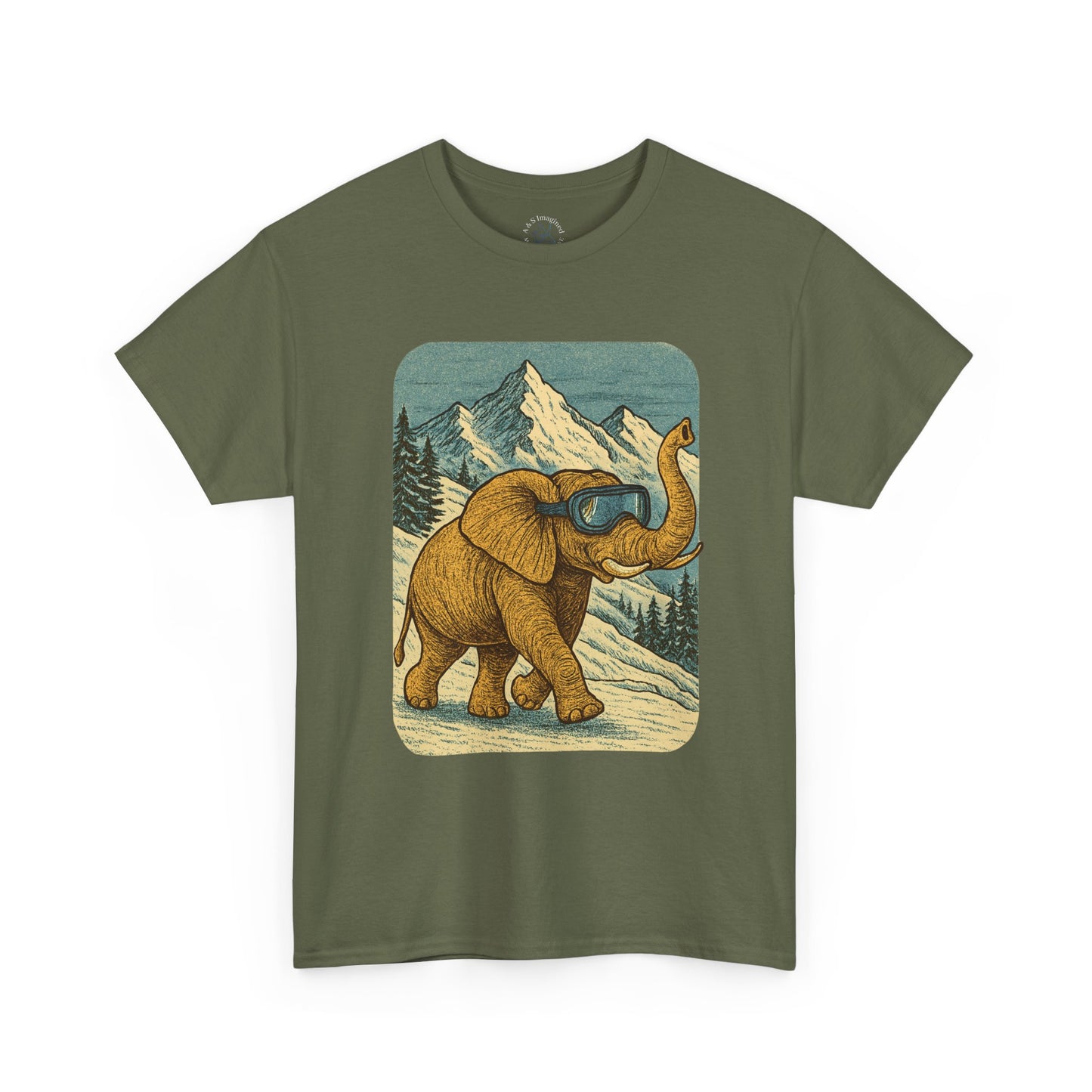 Elephant in Snowy Mountains Tee | Vintage Winter Animal Shirt | Cozy Nature Graphic T-Shirt | Retro Wildlife Illustration | Unisex Elephant Tee