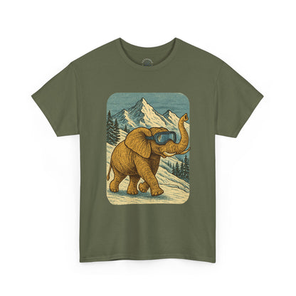 Elephant in Snowy Mountains Tee | Vintage Winter Animal Shirt | Cozy Nature Graphic T-Shirt | Retro Wildlife Illustration | Unisex Elephant Tee