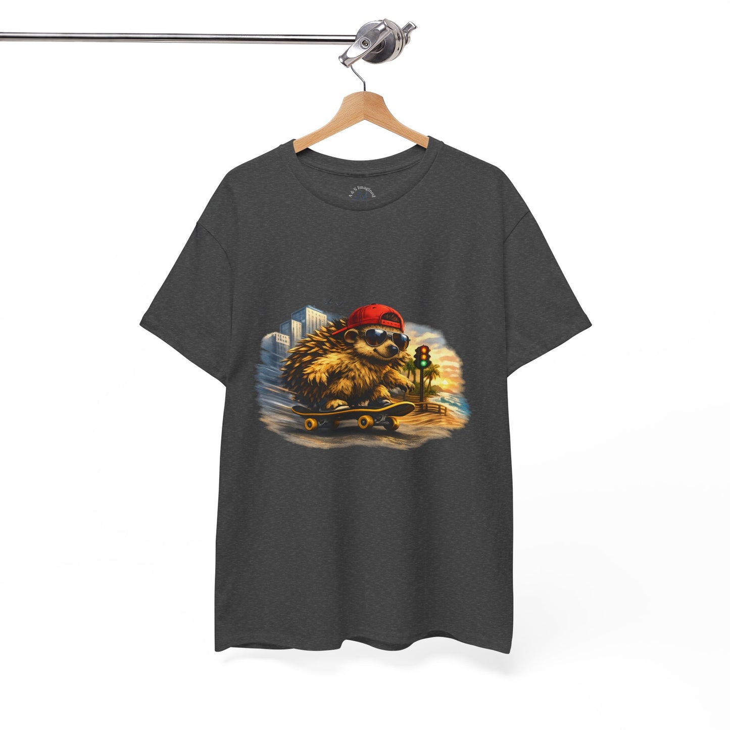 Surf Side Hedgehog Skateboarding Shirt | Beach Style Tee | Vintage Beach Graphic | Coastal Skater Animal T-shirt | Cute Animal Skate Tshirt | Boardin' Hedgehog Collection