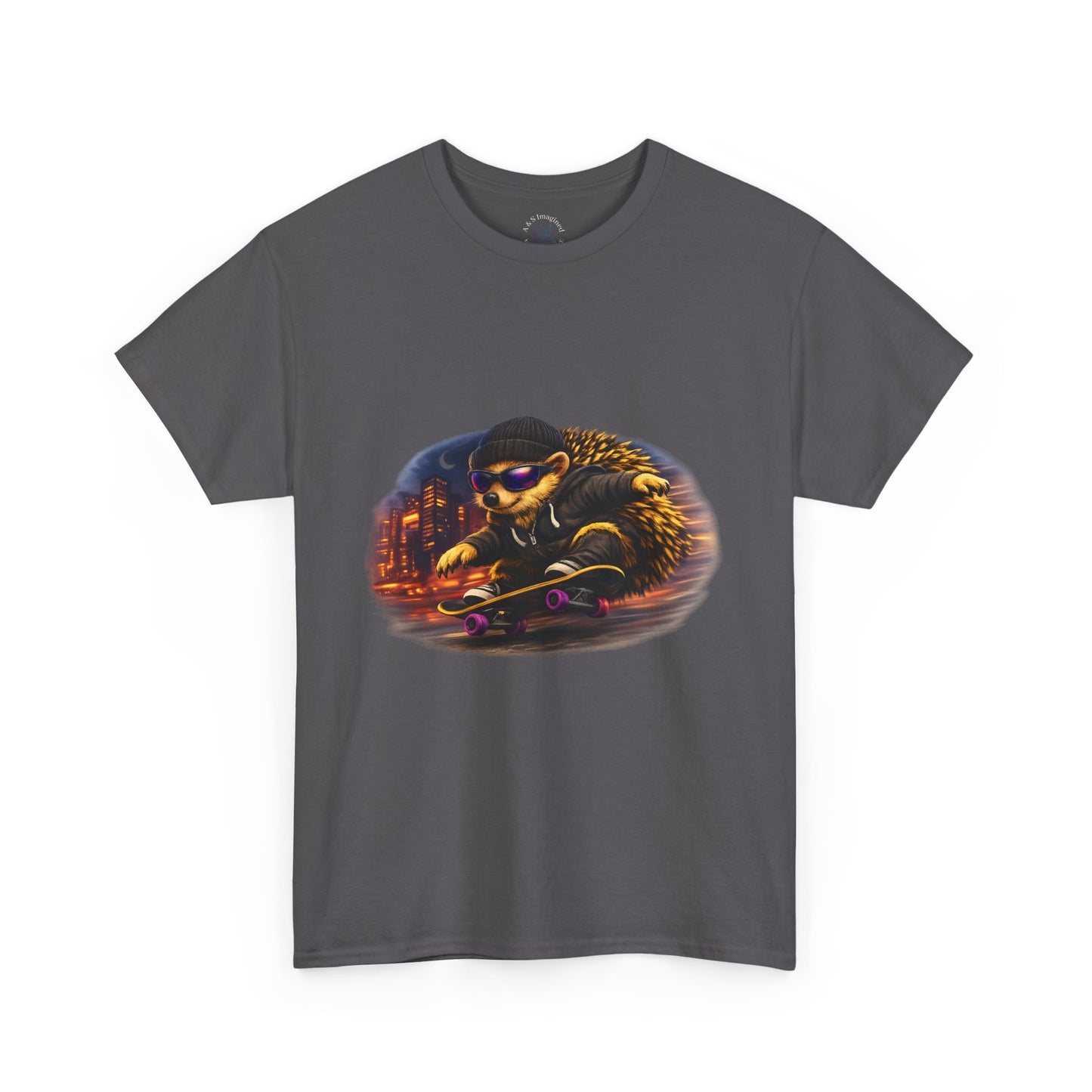City Nightlife Hedgehog Skateboarding Shirt | Street Style Tee | Vintage City Lights Graphic | Downtown Streetwear | Skater Animal T-shirt | Cute Animal Skate Tshirt | Boardin' Hedgehog Collection