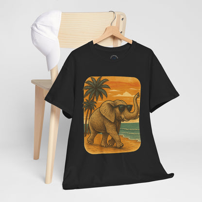 Elephant on a Tropical Beach | Vintage Sunset Animal Shirt | Summer Nature Graphic Tee | Retro Coastal Elephant T-Shirt | Unisex Beach Vacation TShirt