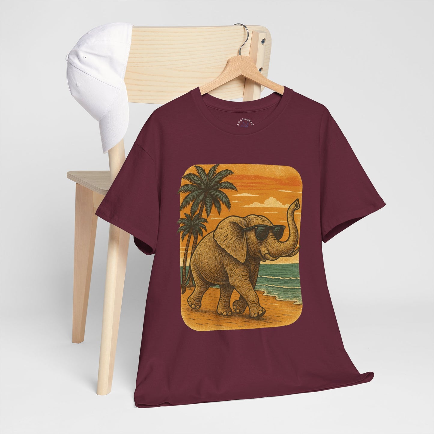 Elephant on a Tropical Beach | Vintage Sunset Animal Shirt | Summer Nature Graphic Tee | Retro Coastal Elephant T-Shirt | Unisex Beach Vacation TShirt