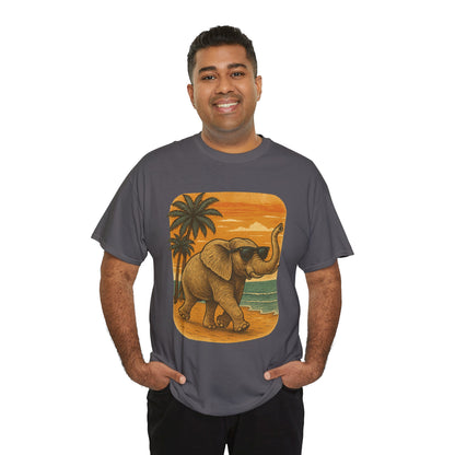 Elephant on a Tropical Beach | Vintage Sunset Animal Shirt | Summer Nature Graphic Tee | Retro Coastal Elephant T-Shirt | Unisex Beach Vacation TShirt