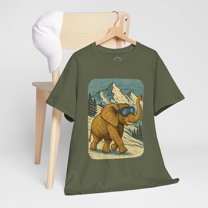Elephant in Snowy Mountains Tee | Vintage Winter Animal Shirt | Cozy Nature Graphic T-Shirt | Retro Wildlife Illustration | Unisex Elephant Tee