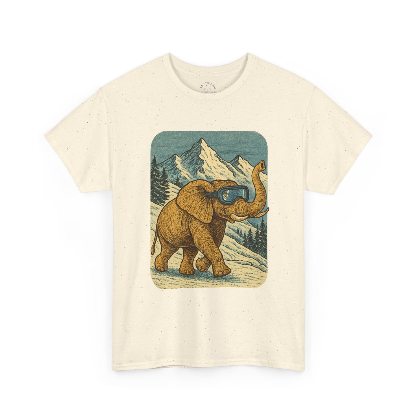 Elephant in Snowy Mountains Tee | Vintage Winter Animal Shirt | Cozy Nature Graphic T-Shirt | Retro Wildlife Illustration | Unisex Elephant Tee
