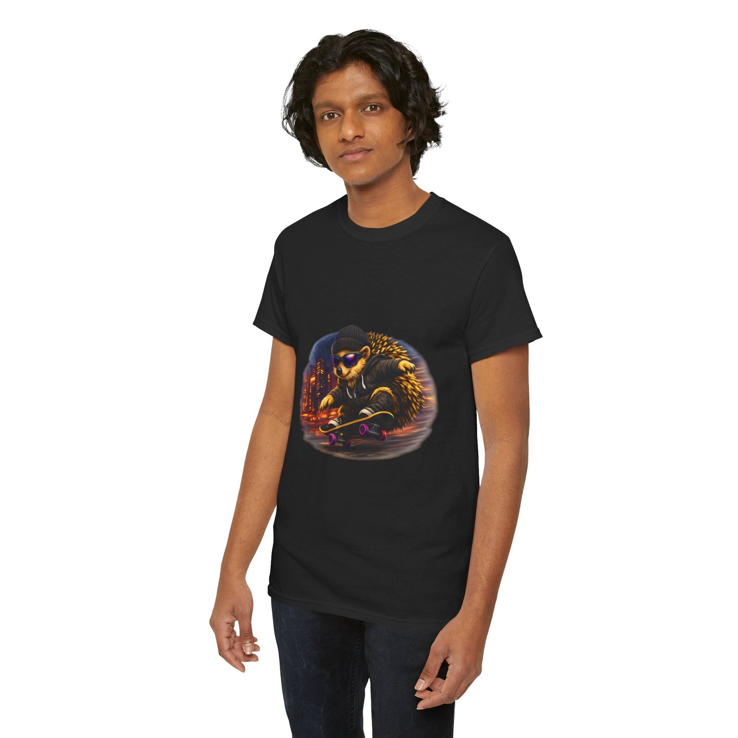 City Nightlife Hedgehog Skateboarding Shirt | Street Style Tee | Vintage City Lights Graphic | Downtown Streetwear | Skater Animal T-shirt | Cute Animal Skate Tshirt | Boardin' Hedgehog Collection