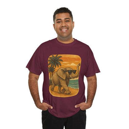 Elephant on a Tropical Beach | Vintage Sunset Animal Shirt | Summer Nature Graphic Tee | Retro Coastal Elephant T-Shirt | Unisex Beach Vacation TShirt