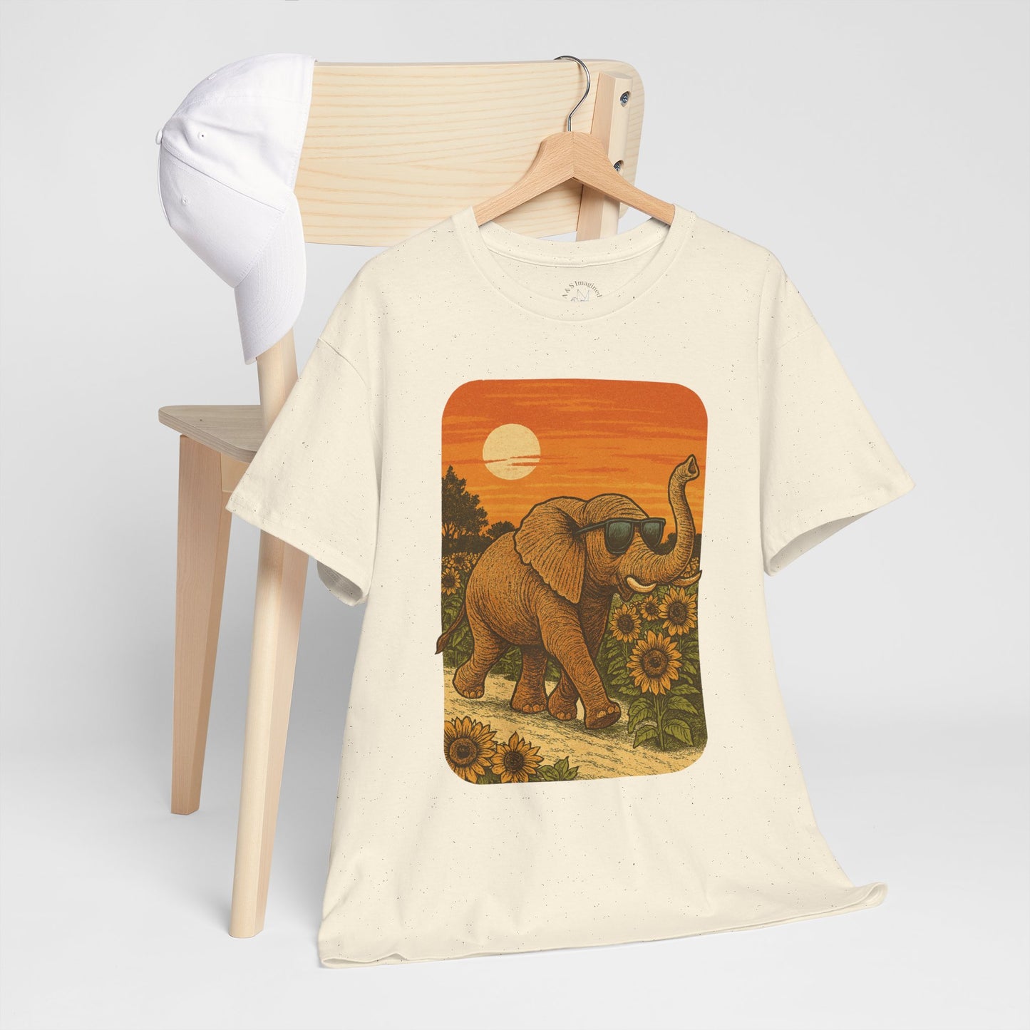 Elephant in Sunflower Field Tee | Vintage Sunset Nature Shirt | Retro Summer Aesthetic Elephant Graphic T-Shirt | Golden Hour Garden TShirt | Unisex Shirt