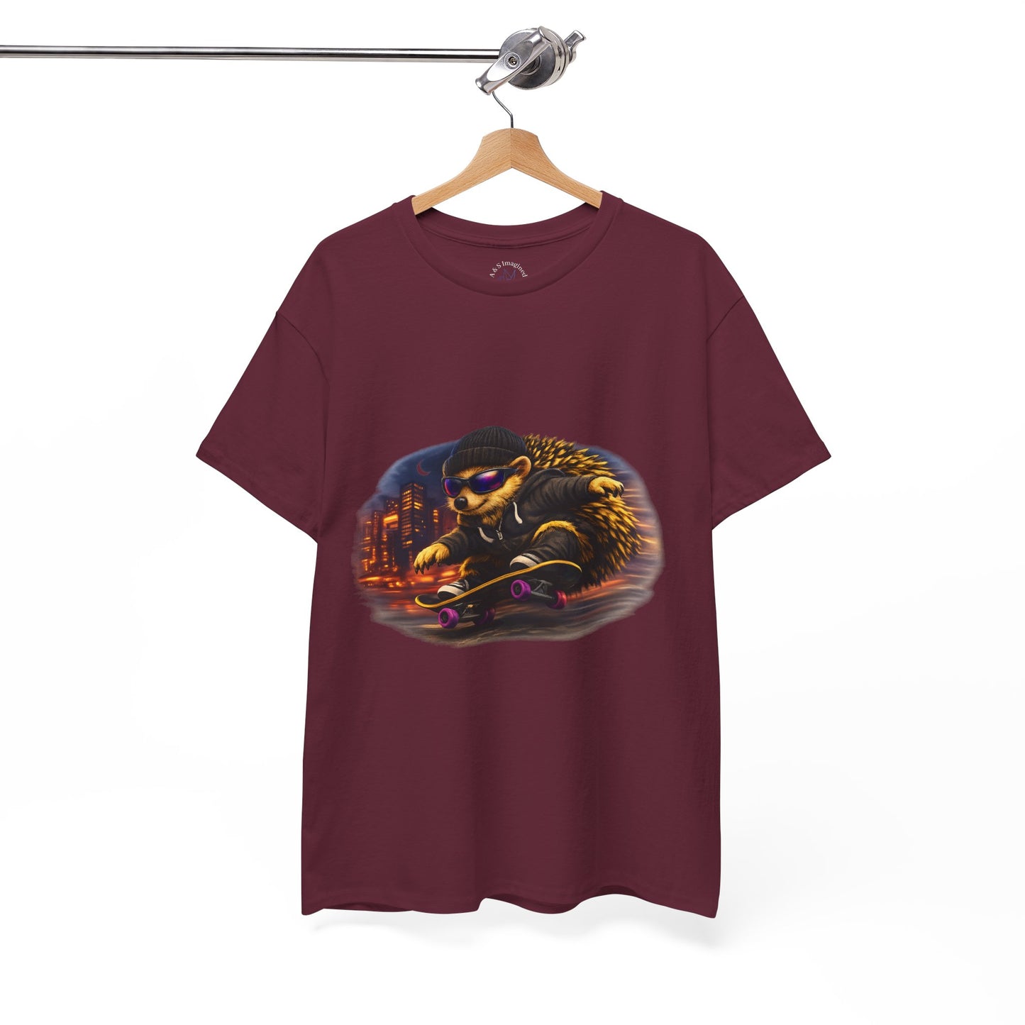 City Nightlife Hedgehog Skateboarding Shirt | Street Style Tee | Vintage City Lights Graphic | Downtown Streetwear | Skater Animal T-shirt | Cute Animal Skate Tshirt | Boardin' Hedgehog Collection