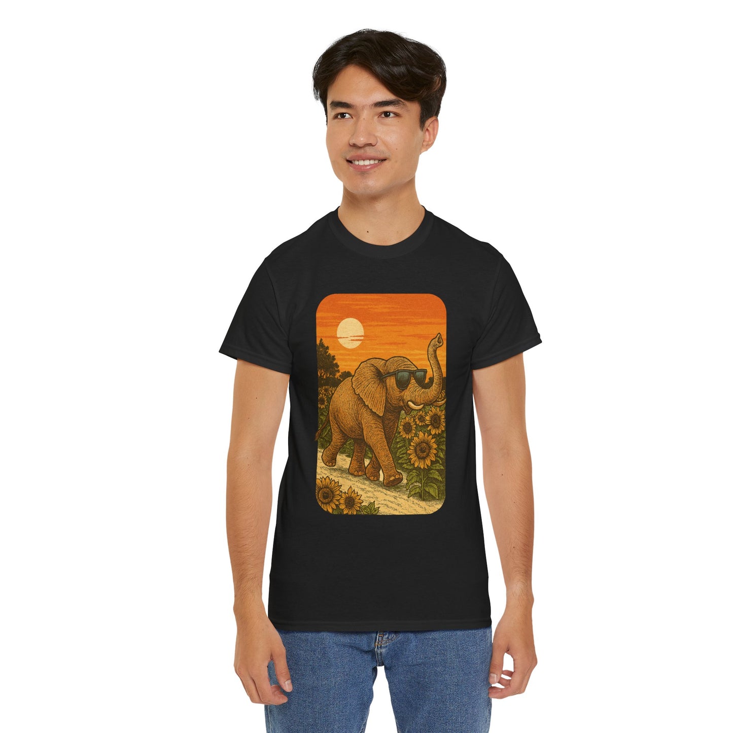 Elephant in Sunflower Field Tee | Vintage Sunset Nature Shirt | Retro Summer Aesthetic Elephant Graphic T-Shirt | Golden Hour Garden TShirt | Unisex Shirt