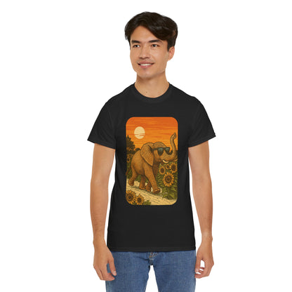 Elephant in Sunflower Field Tee | Vintage Sunset Nature Shirt | Retro Summer Aesthetic Elephant Graphic T-Shirt | Golden Hour Garden TShirt | Unisex Shirt