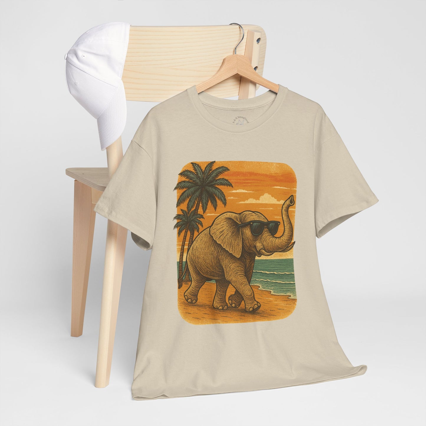 Elephant on a Tropical Beach | Vintage Sunset Animal Shirt | Summer Nature Graphic Tee | Retro Coastal Elephant T-Shirt | Unisex Beach Vacation TShirt