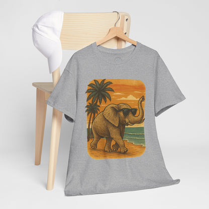 Elephant on a Tropical Beach | Vintage Sunset Animal Shirt | Summer Nature Graphic Tee | Retro Coastal Elephant T-Shirt | Unisex Beach Vacation TShirt