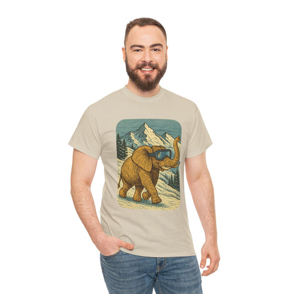 Elephant in Snowy Mountains Tee | Vintage Winter Animal Shirt | Cozy Nature Graphic T-Shirt | Retro Wildlife Illustration | Unisex Elephant Tee