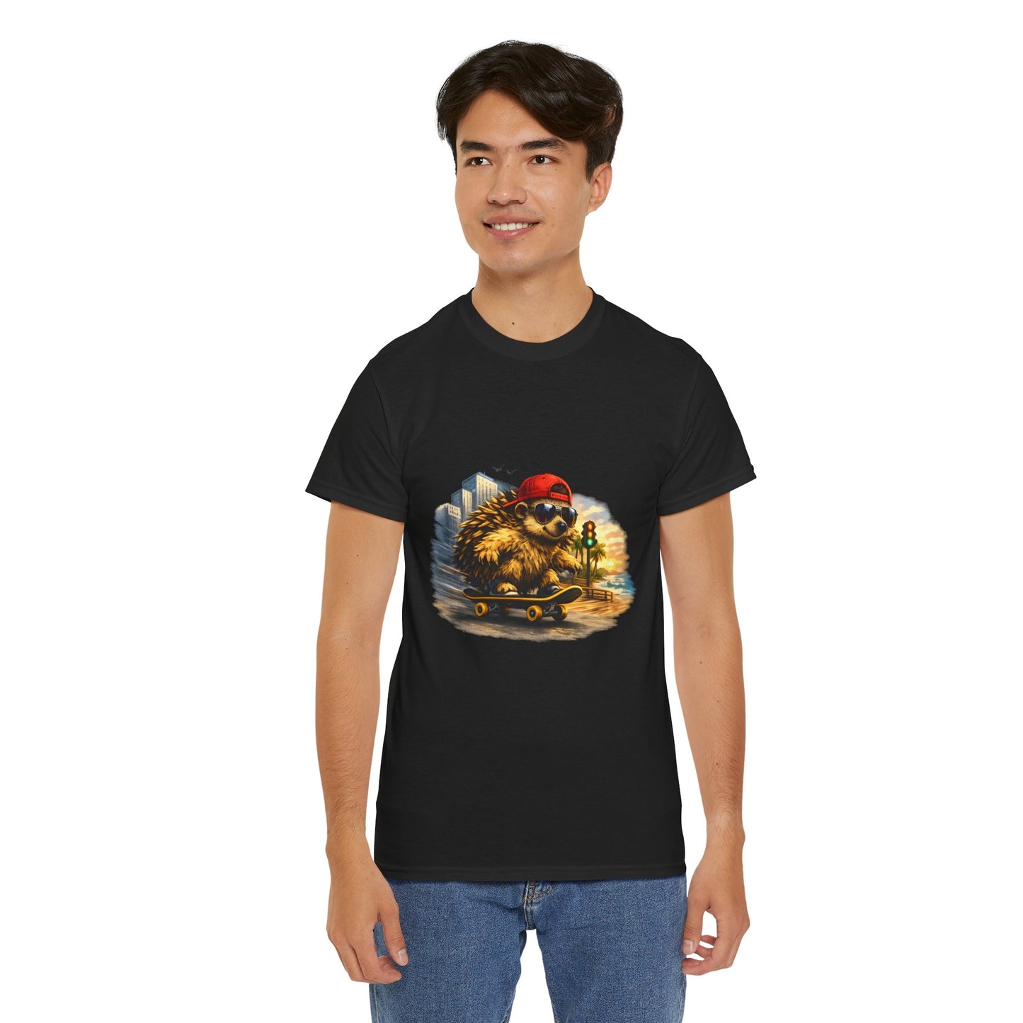 Surf Side Hedgehog Skateboarding Shirt | Beach Style Tee | Vintage Beach Graphic | Coastal Skater Animal T-shirt | Cute Animal Skate Tshirt | Boardin' Hedgehog Collection