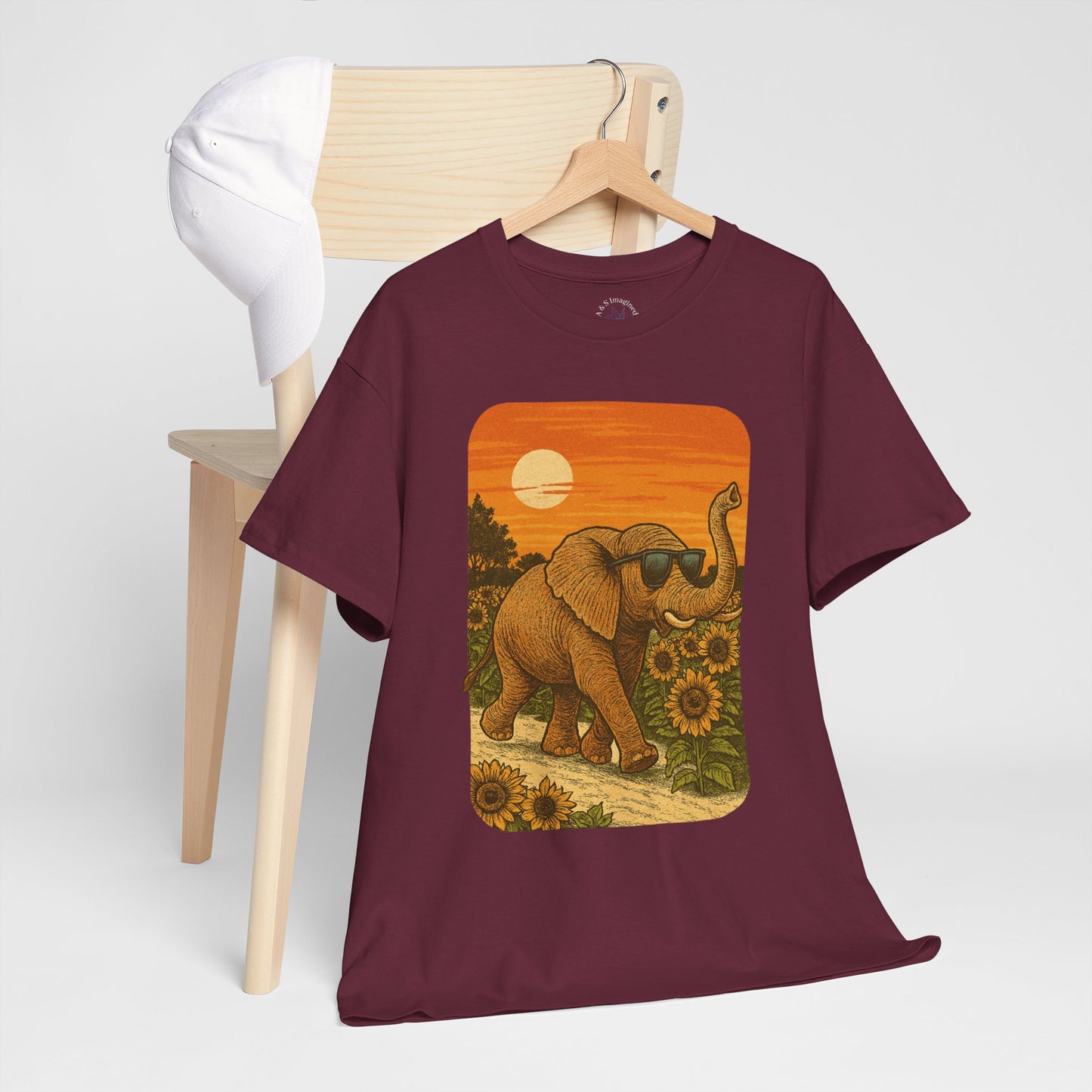 Elephant in Sunflower Field Tee | Vintage Sunset Nature Shirt | Retro Summer Aesthetic Elephant Graphic T-Shirt | Golden Hour Garden TShirt | Unisex Shirt