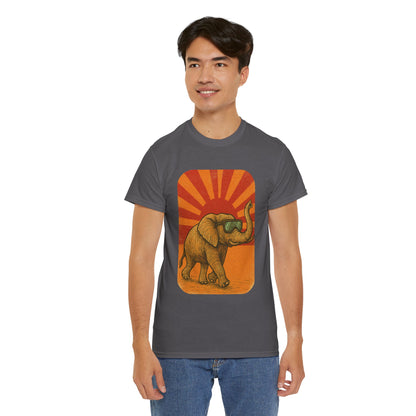 Elephant Sunset Rays Tee | Vintage Retro Animal Shirt | Summer Vibes Graphic T-Shirt | Warm Sunburst Elephant TShirt | Unisex Nature Shirt