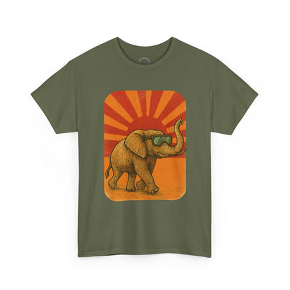 Elephant Sunset Rays Tee | Vintage Retro Animal Shirt | Summer Vibes Graphic T-Shirt | Warm Sunburst Elephant TShirt | Unisex Nature Shirt