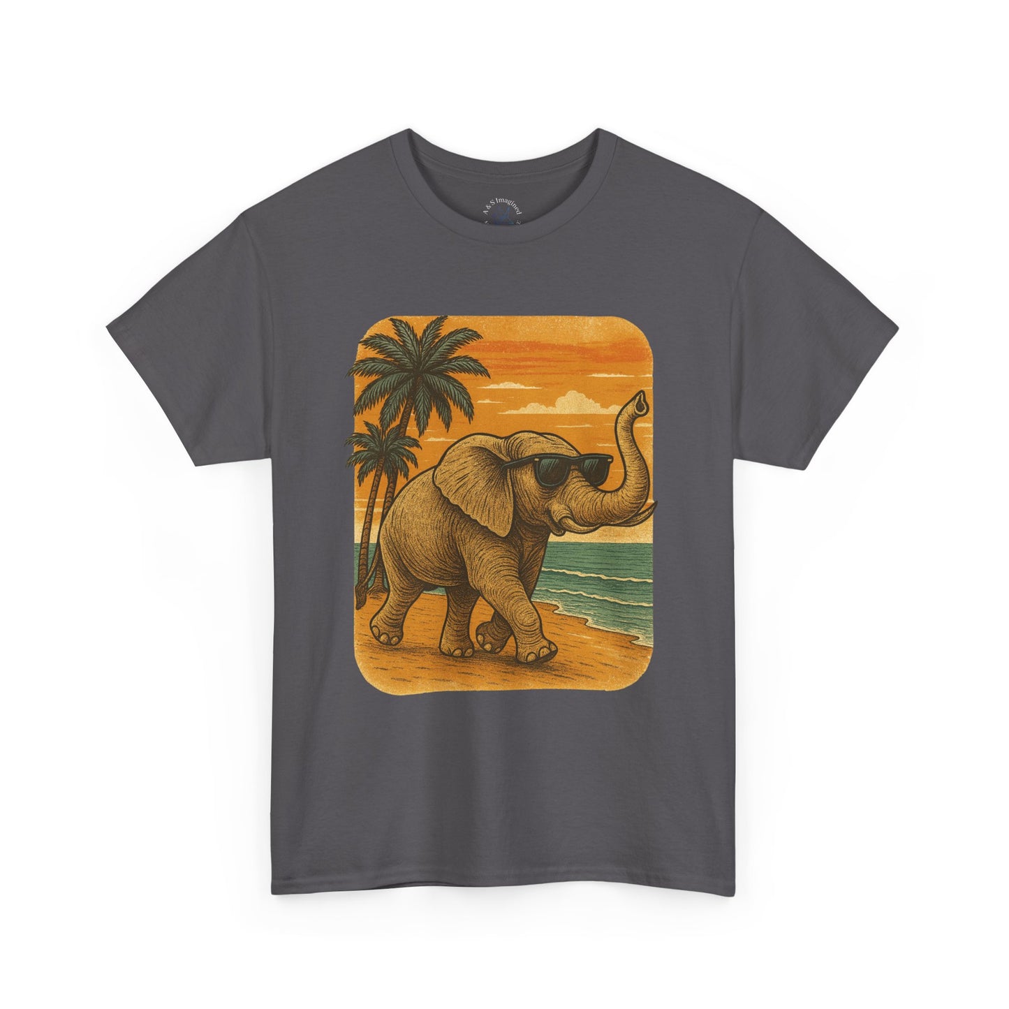 Elephant on a Tropical Beach | Vintage Sunset Animal Shirt | Summer Nature Graphic Tee | Retro Coastal Elephant T-Shirt | Unisex Beach Vacation TShirt