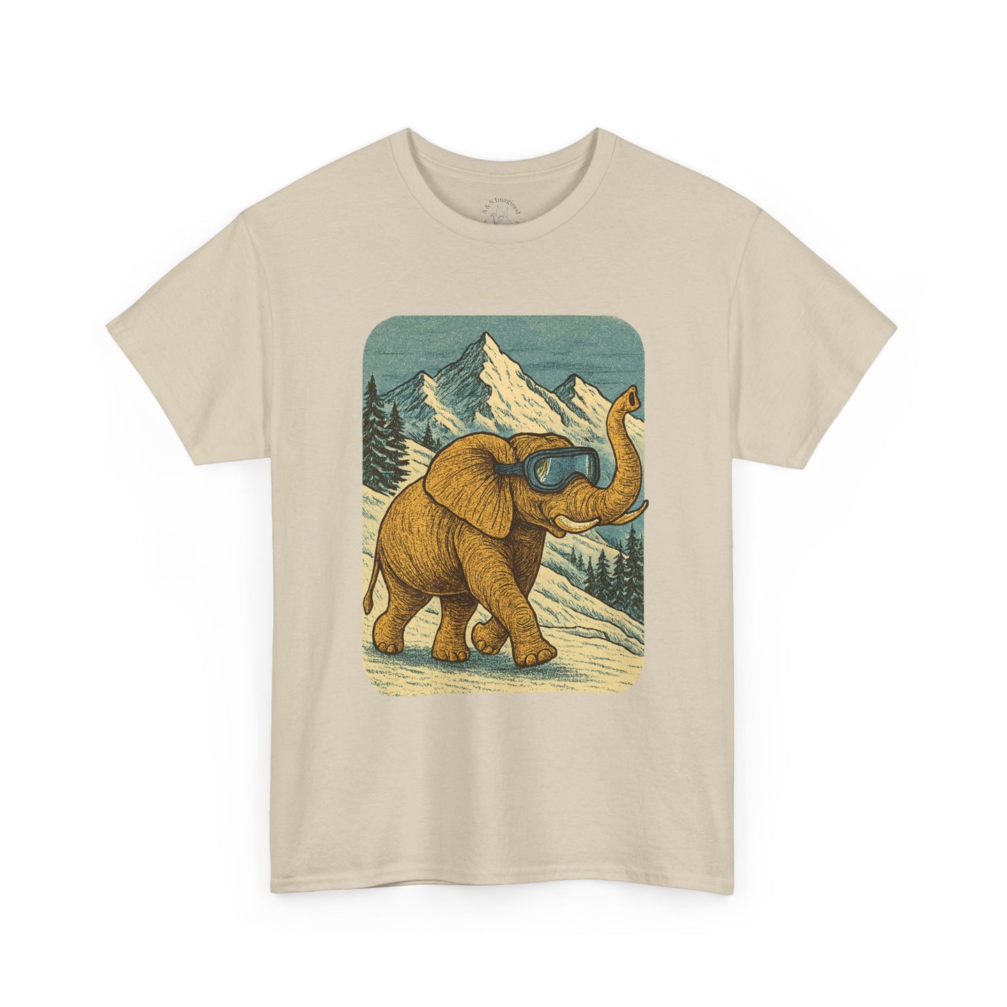 Elephant in Snowy Mountains Tee | Vintage Winter Animal Shirt | Cozy Nature Graphic T-Shirt | Retro Wildlife Illustration | Unisex Elephant Tee