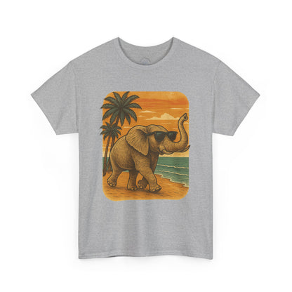 Elephant on a Tropical Beach | Vintage Sunset Animal Shirt | Summer Nature Graphic Tee | Retro Coastal Elephant T-Shirt | Unisex Beach Vacation TShirt