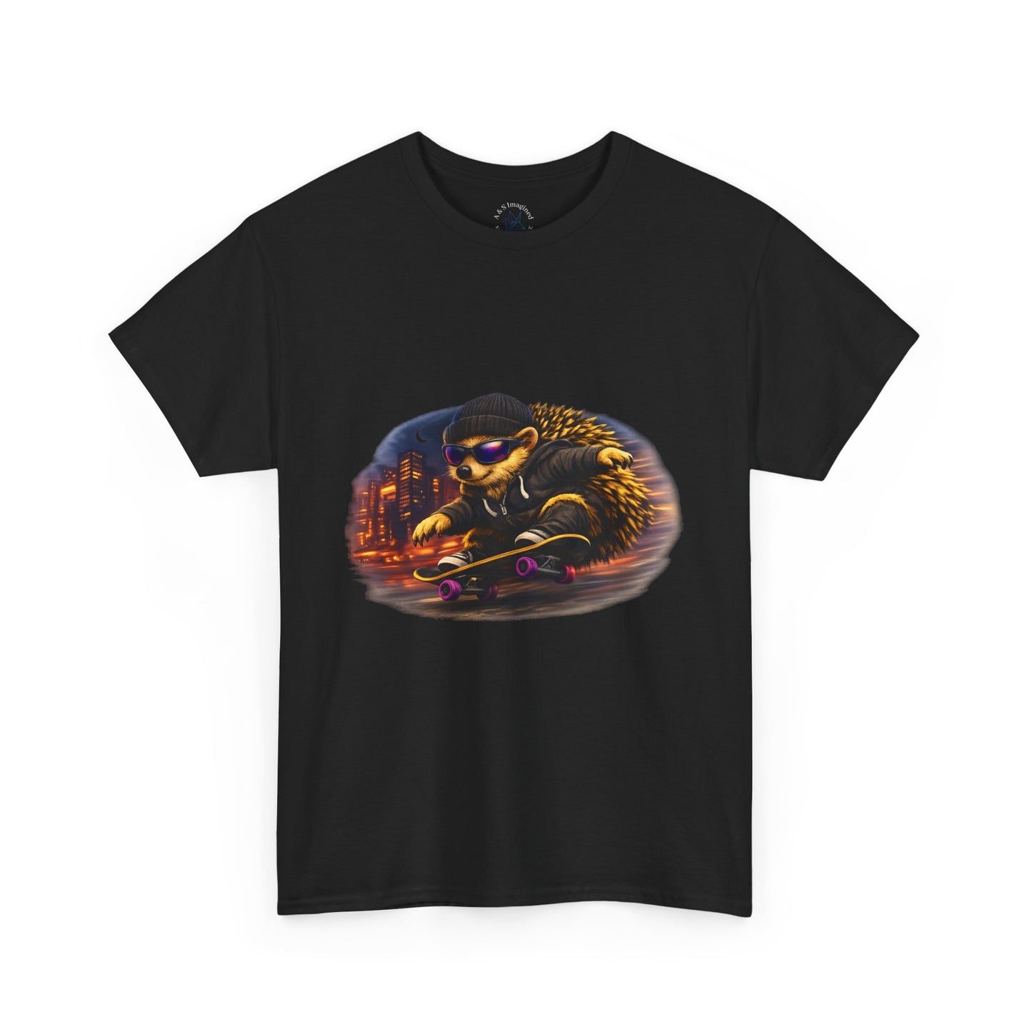 City Nightlife Hedgehog Skateboarding Shirt | Street Style Tee | Vintage City Lights Graphic | Downtown Streetwear | Skater Animal T-shirt | Cute Animal Skate Tshirt | Boardin' Hedgehog Collection