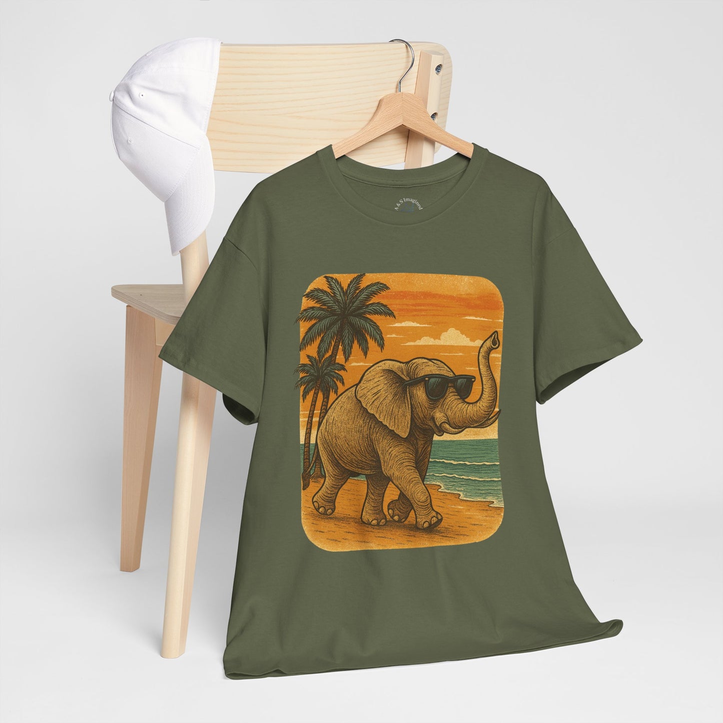 Elephant on a Tropical Beach | Vintage Sunset Animal Shirt | Summer Nature Graphic Tee | Retro Coastal Elephant T-Shirt | Unisex Beach Vacation TShirt