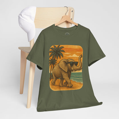 Elephant on a Tropical Beach | Vintage Sunset Animal Shirt | Summer Nature Graphic Tee | Retro Coastal Elephant T-Shirt | Unisex Beach Vacation TShirt