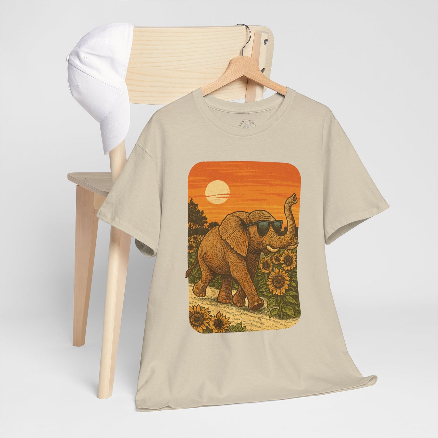 Elephant in Sunflower Field Tee | Vintage Sunset Nature Shirt | Retro Summer Aesthetic Elephant Graphic T-Shirt | Golden Hour Garden TShirt | Unisex Shirt